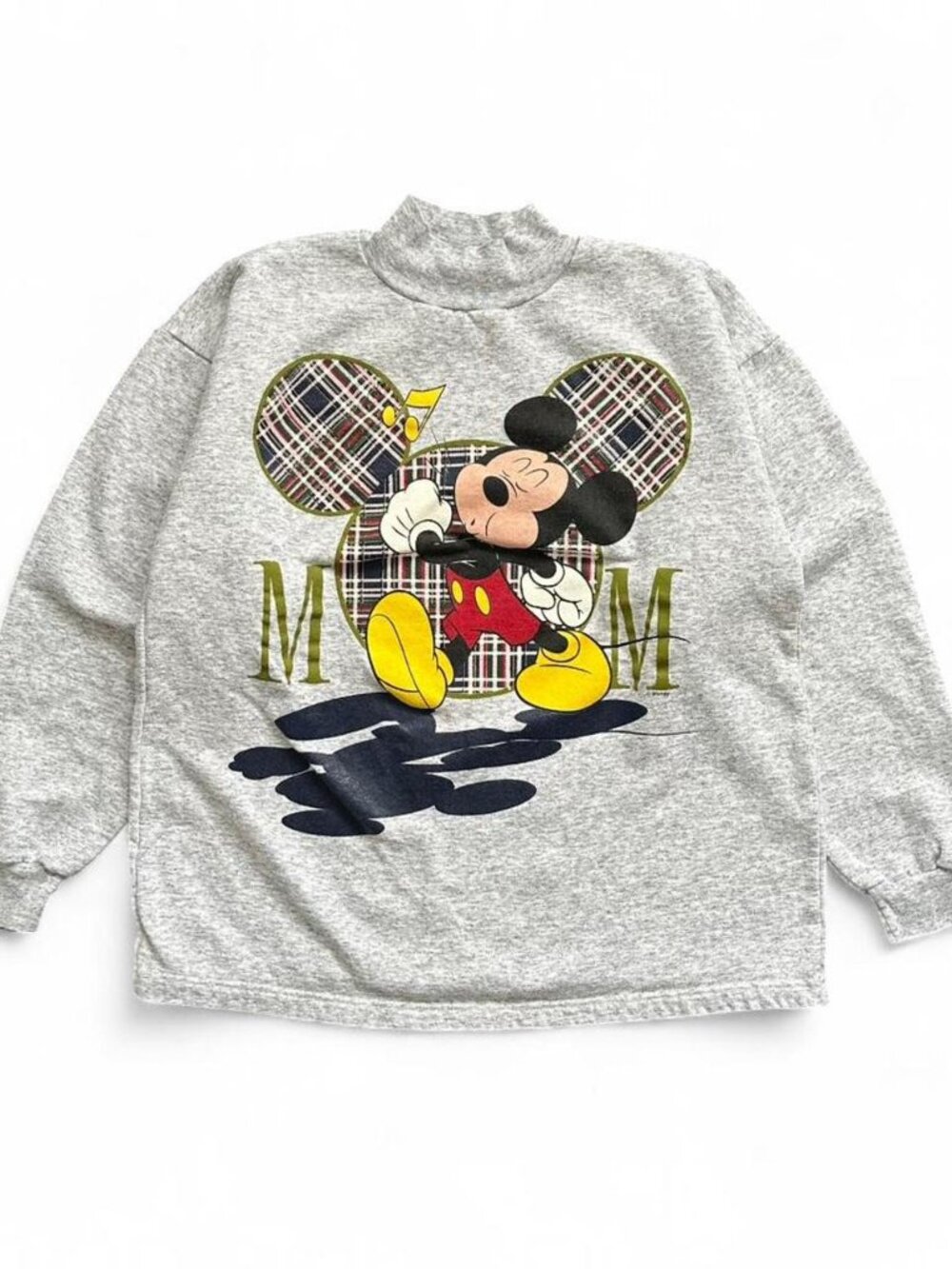 Vintage Mickey Mouse Graphic Sweatshirt Grey Plaid Print Disney Men's Small